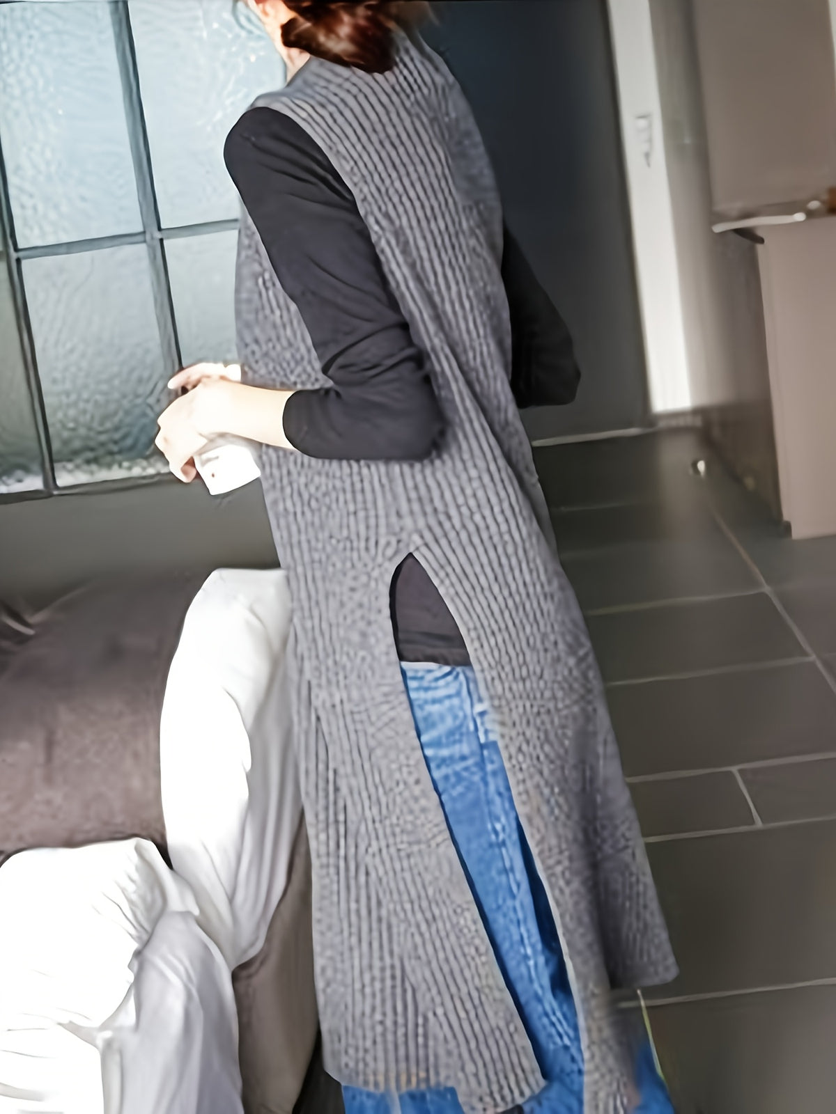 Autumn and Winter New Split Cardigan Knitwear Mid-Length Pullover Half-High Collar Outer Layer Vest Skirt for Women - Deep Grey