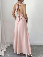 Women's Elegant Solid Color Sleeveless Bow Tie Back Tie Hem Slit Dress - Pink