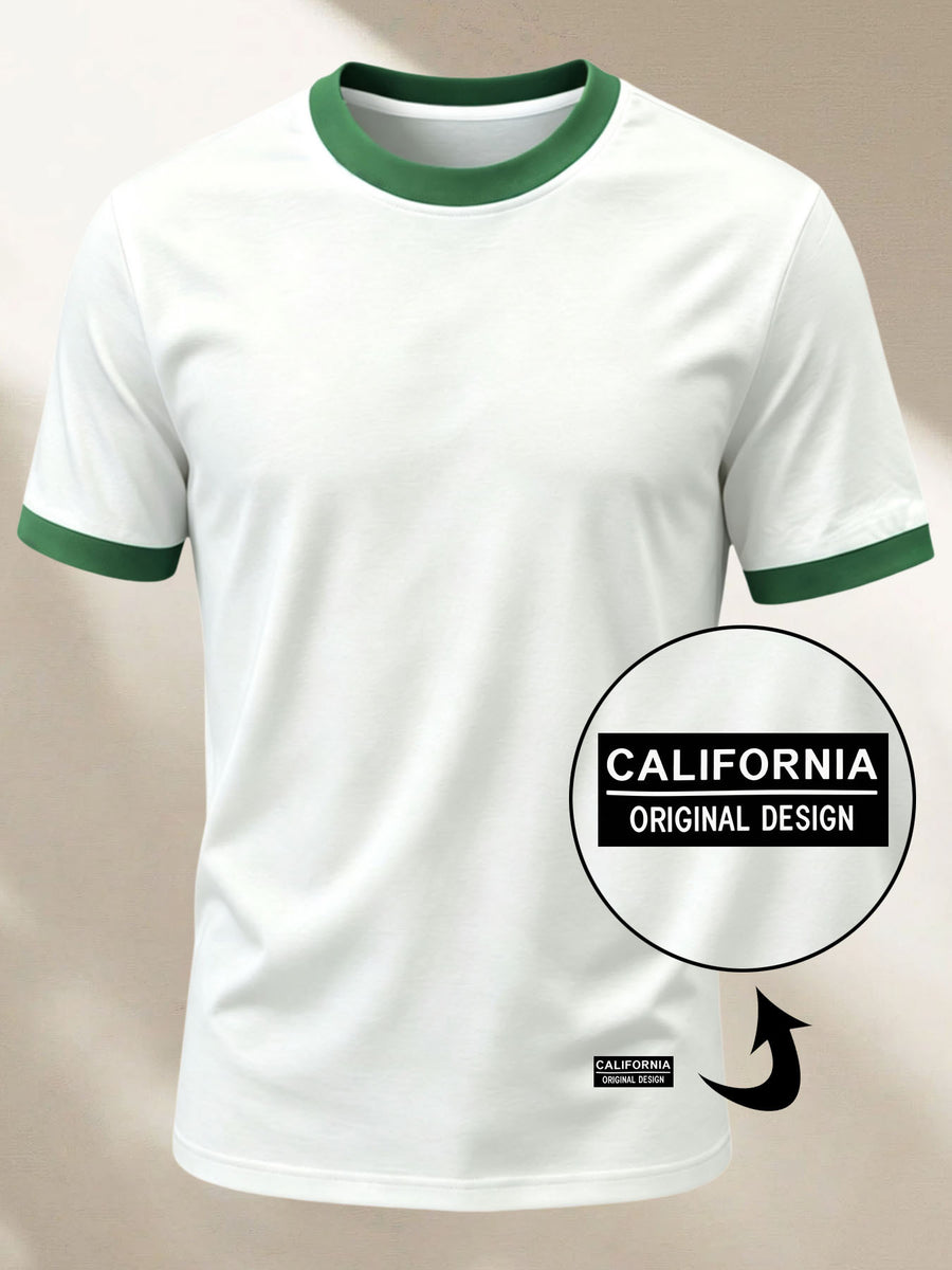 100% Cotton Men's Knitted Color-Block Crew Neck Patched T-Shirt, Summer All-Season Base Layer, Factory-Made for Men, Comfortable, High Quality, High Fit Rate, Casual Sportswear with Contrast Hem and Patch Appliqué - White with Green ZZ011