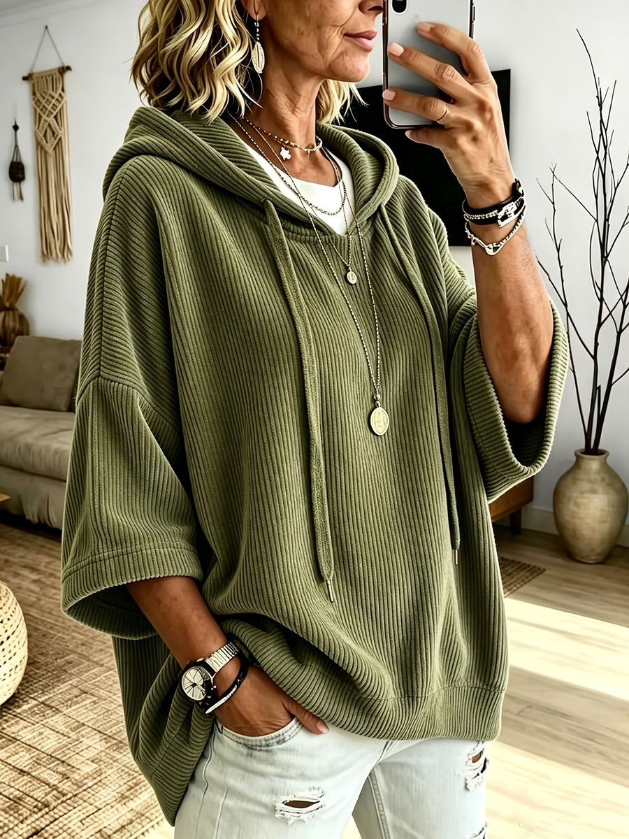 Plus Size - Women'S Casual Corduroy Drawstring Hooded Sweatshirt, Classic Versatile Hooded Top Elegant Women'S Top, Loose Fit Comfortable Sweatshirt Suitable for Commute And Casual Wear Spring/Autumn Clothing - Olive Green