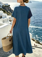 Plus Size, Bohemian Color-Block Vacation Style Patchwork Maxi Dress, V-Neck Loose Fit Fashionable Vintage Plus Size Dress - Navy Color