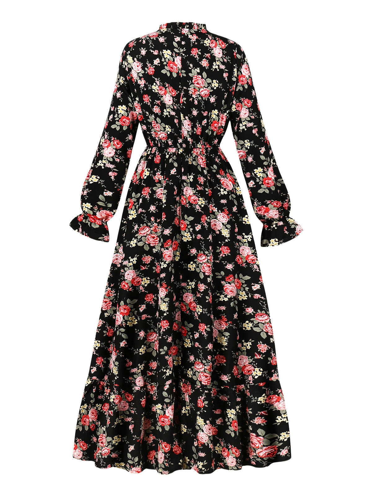 Elegant -Line Maxi Dress with Elastic Waist & Stand Collar - Small Ruffled Hem Floral Print Dress Suitable for Casual Beach Party Wedding Vacation Wear, Machine Washable Spring/Autumn Dress - Multicolor