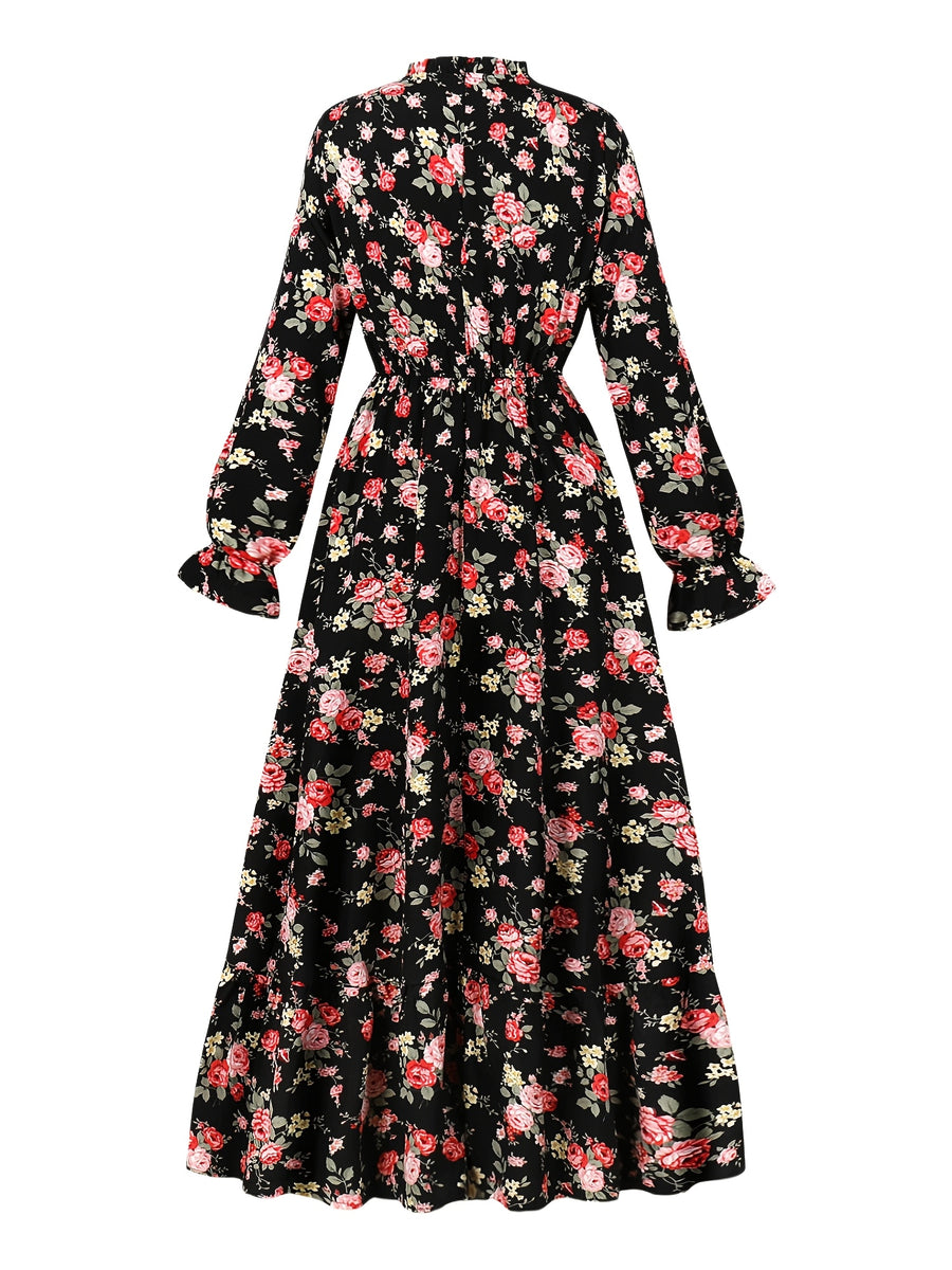 Elegant -Line Maxi Dress with Elastic Waist & Stand Collar - Small Ruffled Hem Floral Print Dress Suitable for Casual Beach Party Wedding Vacation Wear, Machine Washable Spring/Autumn Dress - Multicolor