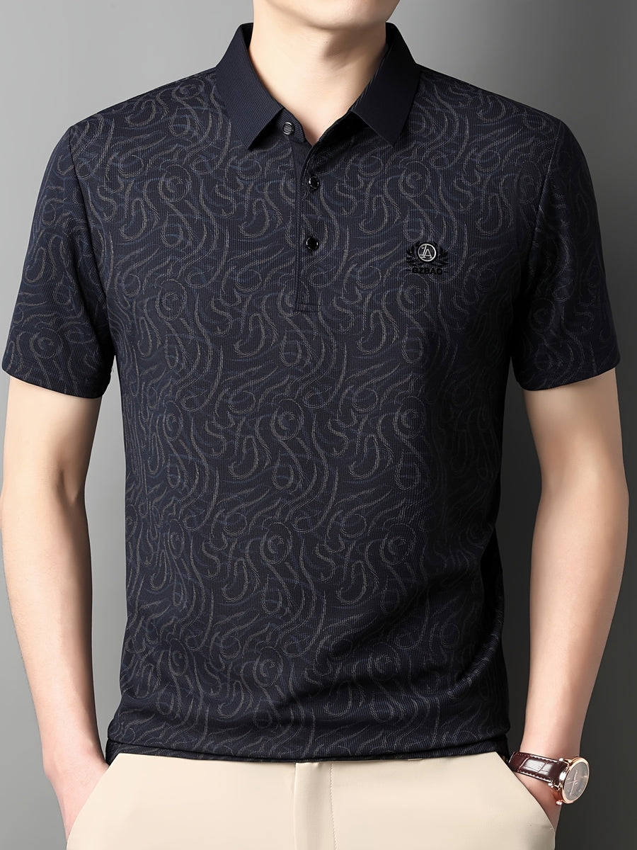 [Saa Xing OBM] 1pc Spring/Autumn New Men'S Polo Shirt, Old Money Style Textured Contrast Print Half-Button Collar Short Sleeve T-Shirt, Fashionable And Versatile Pullover Base Layer Top, Suitable for Spring, Summer, Autumn Wear, Fits Daily Casual - Black