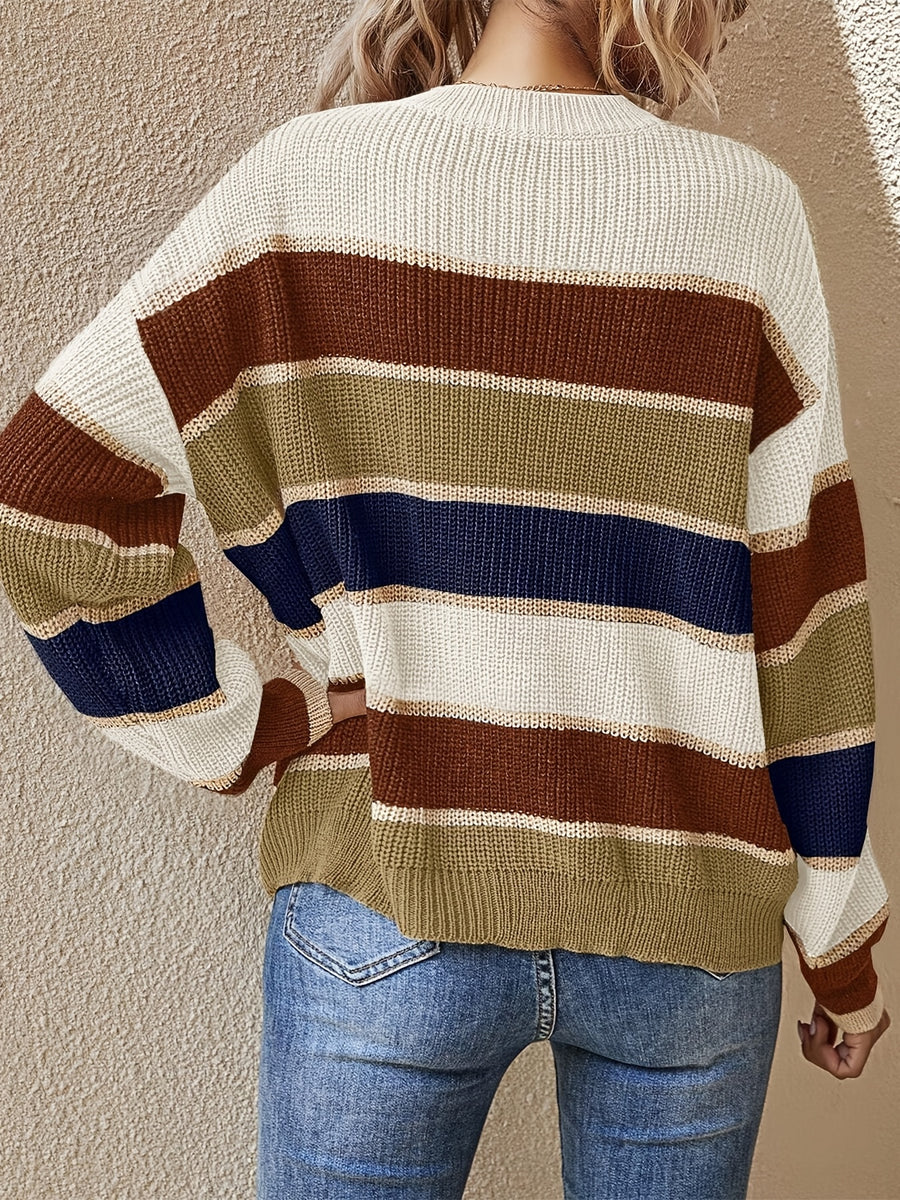 Women'S Color Block Striped Pullover Sweater - Cozy Long Sleeve Crew Neck, Loose Fit, Fall/Winter Casual Top with Green, Brown, and Beige Stripes, Casual Winter Wear | Relaxed Fit Top | Construction, Sweater Dress, Fall Clothe For Women, Fall Sweater For - Apricot