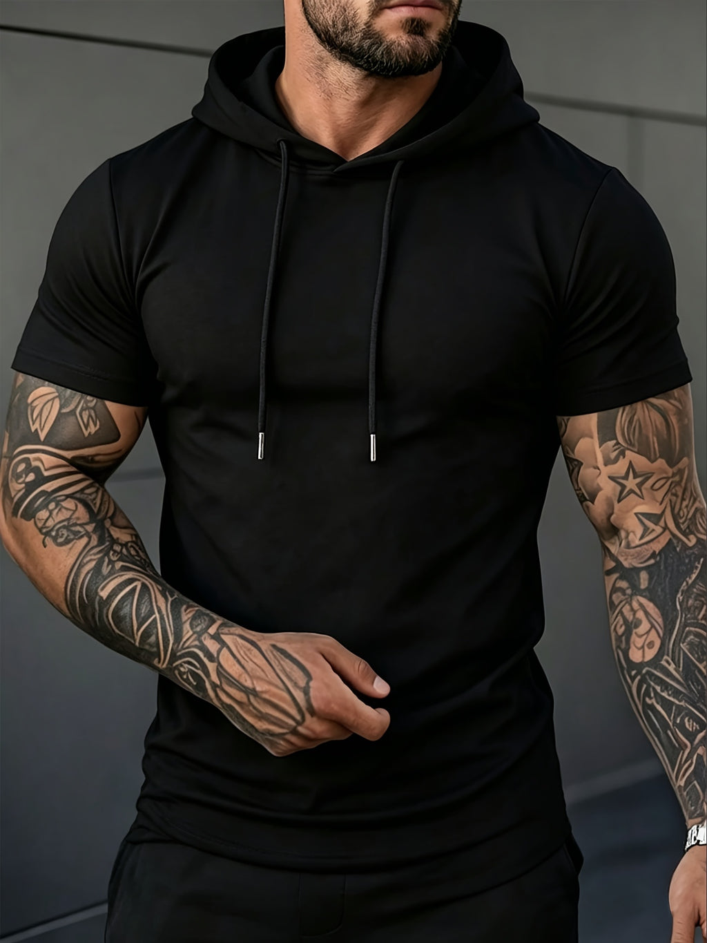 Summer New Men'S Solid Color Hooded Short Sleeve T-Shirt, Street Trendy Casual Top - Black