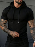 Summer New Men'S Solid Color Hooded Short Sleeve T-Shirt, Street Trendy Casual Top - Black