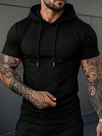 Summer New Men'S Solid Color Hooded Short Sleeve T-Shirt, Street Trendy Casual Top - Black
