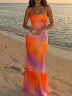 Women's Fashionable, Sexy, and Elegant Orange Tie-Dye Backless Tie-Up Dress, Summer Dress, Beach Dress, Beachwear, Party Dress, Wedding Guest Dress, Birthday Dress, Music Festival Dress, Summer Dress - Mixed colors