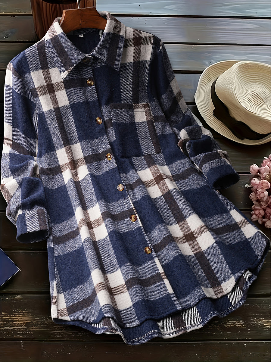 Fashion Women's Plaid Casual Shirt Jacket - Navy Color