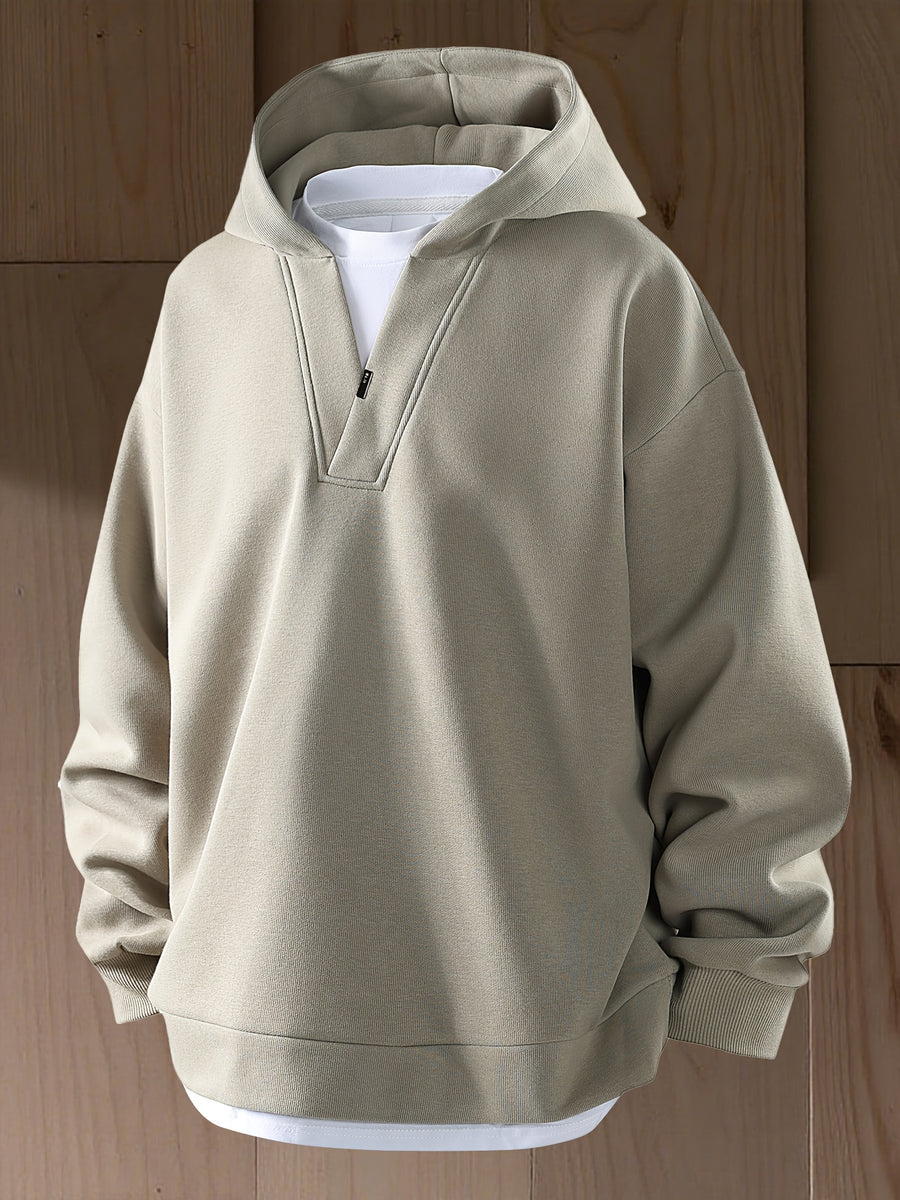 New Autumn 2-in-1 Look V-Neck Hooded Men's Sweatshirt, High-Quality Comfortable Hoodie, Heavyweight Trendy Men's Top - Gray Green