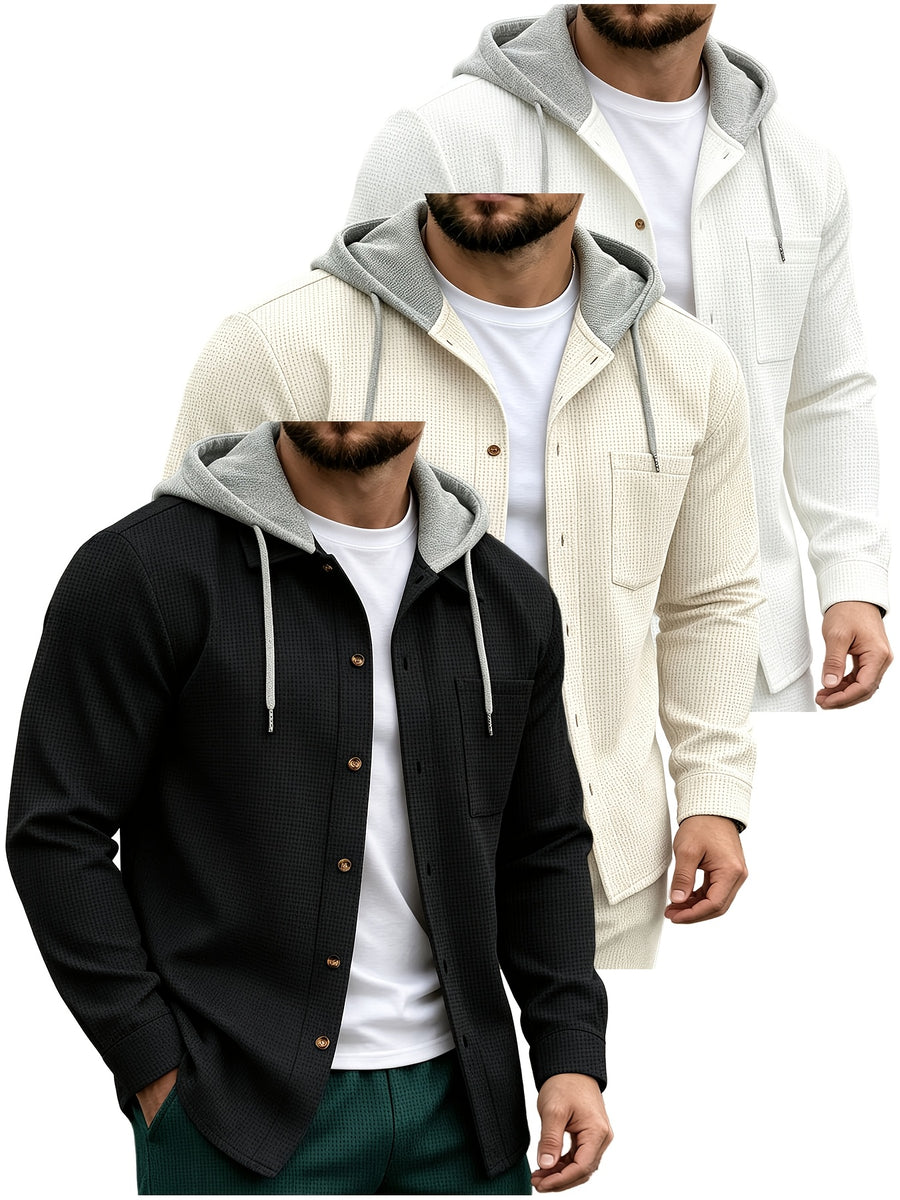 Men'S Waffle Knit Contrast Color Hooded Long Sleeve Button-Up Shirt 3pcs Set, Drawstring Hood Design, Single Chest Pocket, Loose Fit, Casual Outerwear, Spring/Autumn Holiday Street Style Jacket - Mixed Color.3