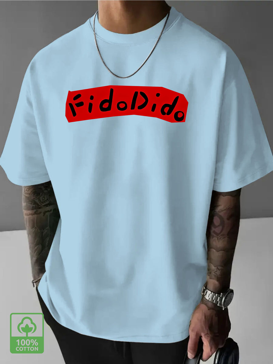 Cartoon French Fries for Man Simple Letter Creative Print Heavyweight Cool and Handsome 100% Pure Cotton Men's Short Sleeve T-Shirt, New Casual Daily Fashion Loose Fit Crew Neck Men's Apparel - Light Blue