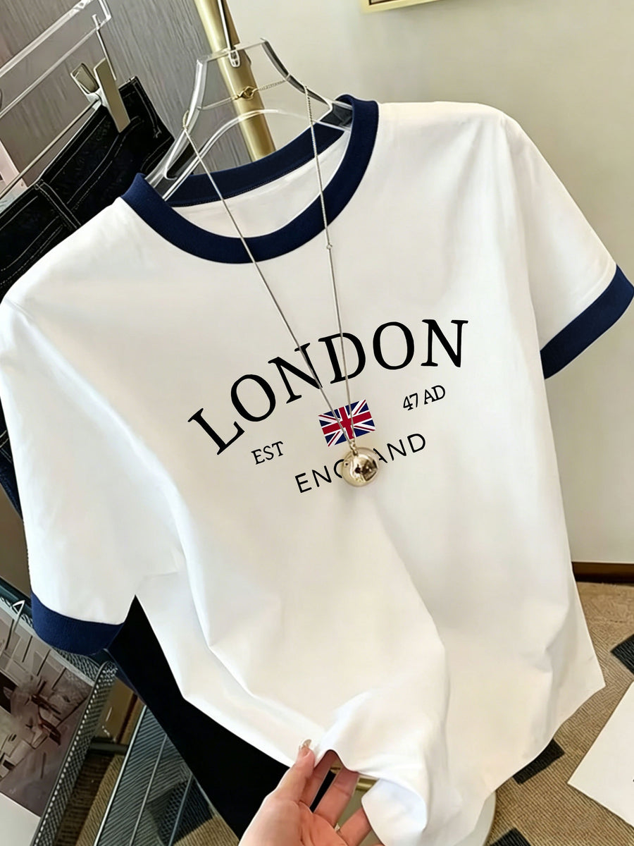 A Spring/summer Casual Loose-fitting T-shirt That Conceals Curves, Featuring a Versatile Color-blocked Round Neck and Short Sleeves, with a Simple and Stylish London Flag Letter Print Pattern. Women's Clothing - D374-L17570 - White Navy Blue
