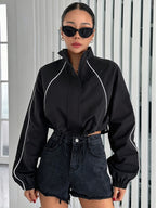 Women'S Spring New European And American Casual Stand Collar Color Blocking Zipper Raglan Sleeve Drawstring Loose Jacket Women'S Short Loose Jacket Top - Black