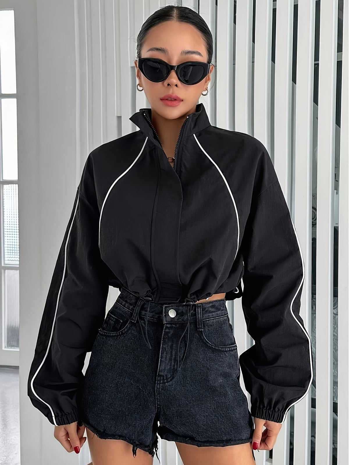 Women'S Spring New European And American Casual Stand Collar Color Blocking Zipper Raglan Sleeve Drawstring Loose Jacket Women'S Short Loose Jacket Top - Black