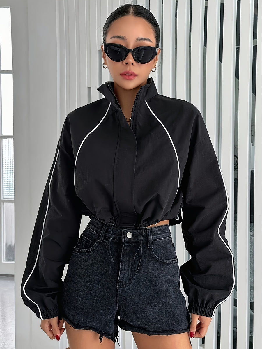 Women'S Spring New European And American Casual Stand Collar Color Blocking Zipper Raglan Sleeve Drawstring Loose Jacket Women'S Short Loose Jacket Top - Black