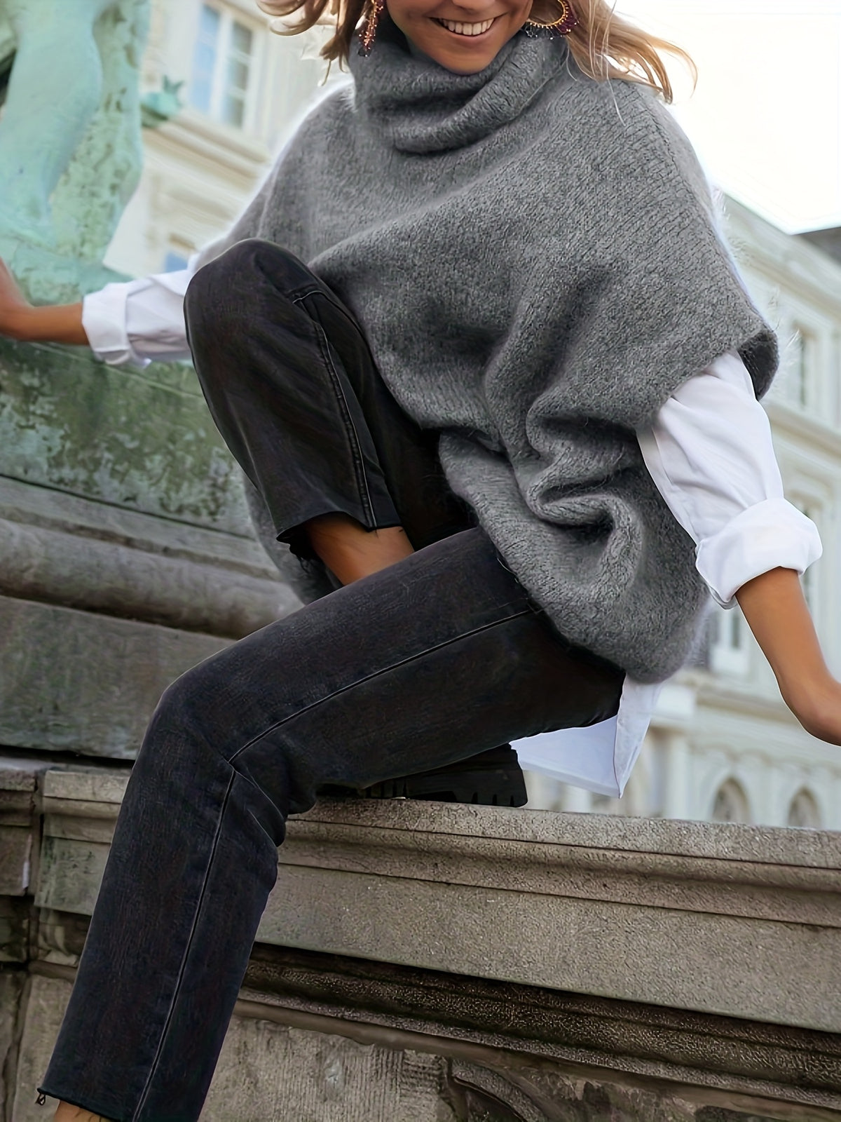 WY0813037 New Autumn Winter European and American Fashion Solid Color High Neck Comfortable Shawl Cape Sweater for Women 2025 - Grey