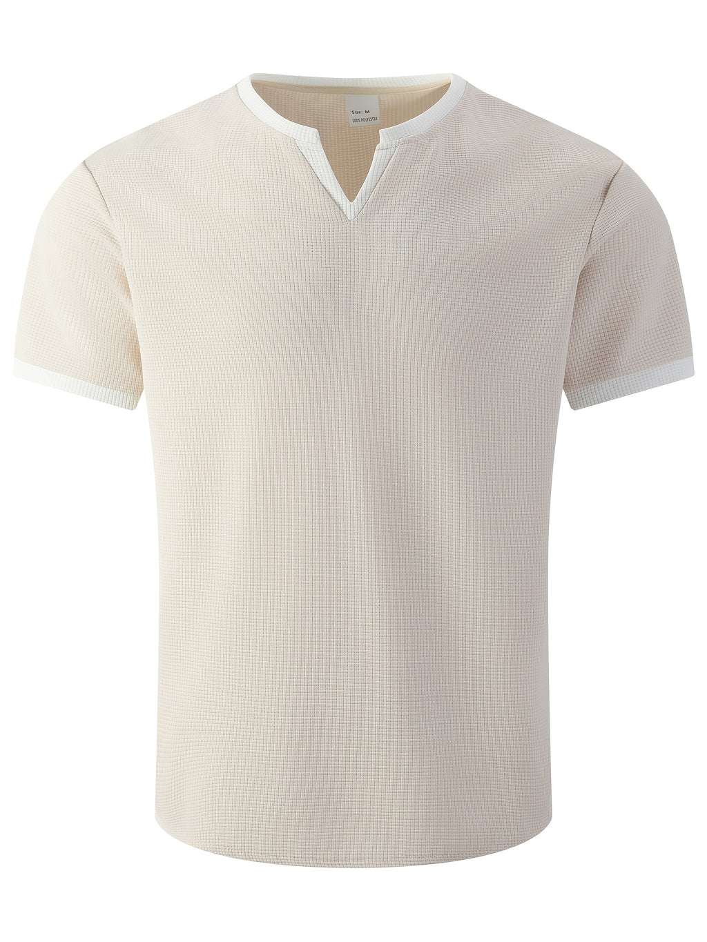 Men'S Solid Waffle Knit V-Neck Tee, Contrast Edge Short Sleeve Casual Daily T-Shirt - Khaki