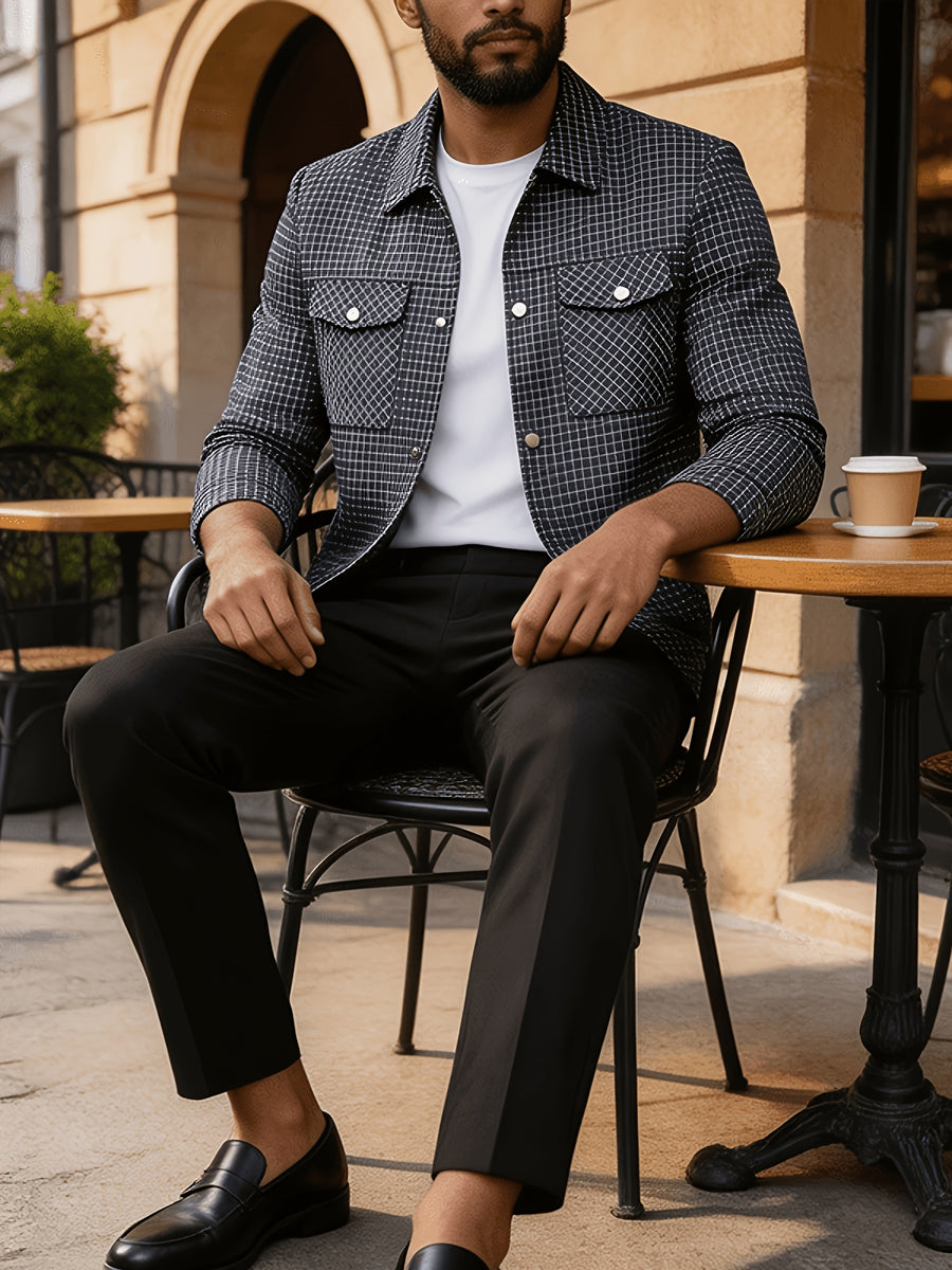 Men'S Plaid Lapel Button-Front Jacket, 100% Polyester Breathable Anti-Scratch Quick-Dry Wrinkle-Resistant Office Daily Casual Outerwear - Navy Color