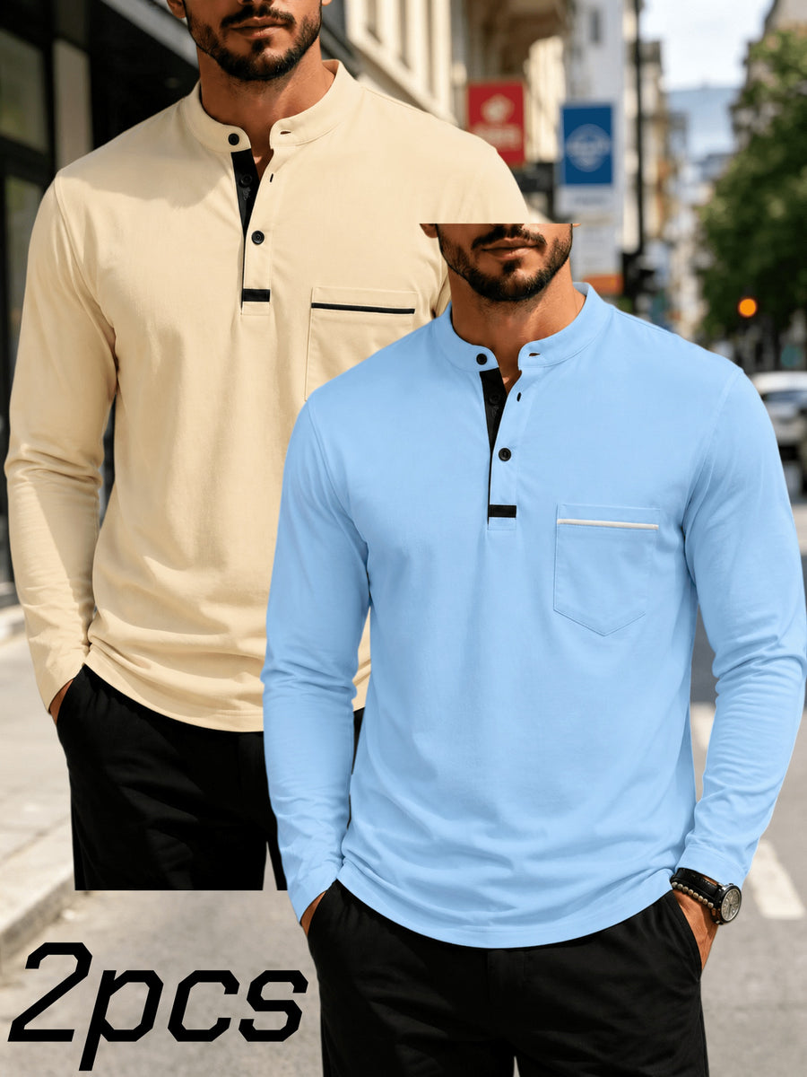 2pcs Men's Stand Collar Long Sleeve Henley Shirt, Casual Half-Button T-Shirt with Pockets, Lightweight and Breathable Stand Collar Pullover Top, Suitable for Daily, Office, and Outdoor Scenes - Khaki+Light Blue