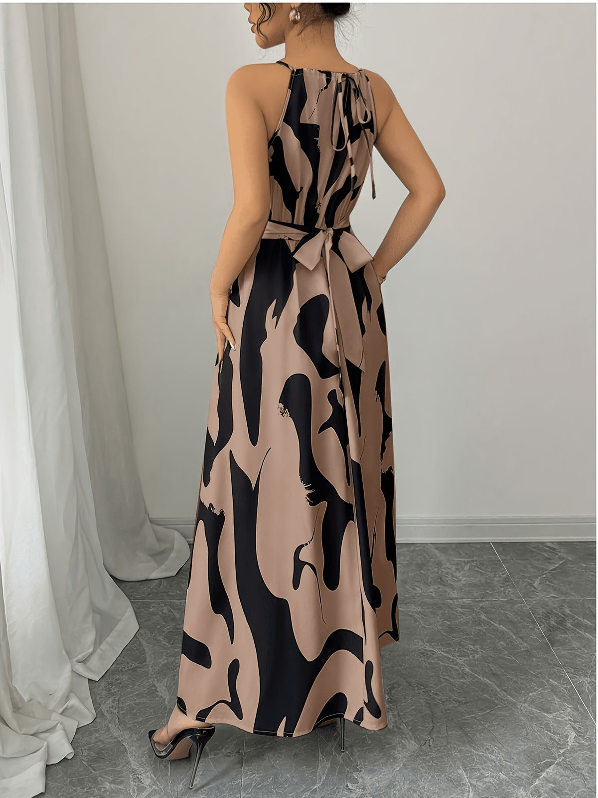 Elegant Fashion Printed Long Dress, Women'S Fashion Elegant Backless Strappy Bare Waist Twisted Asymmetrical Contrast Dress, Spring Summer Style - Mixed colors