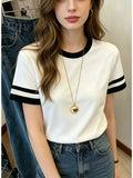 Y2K Retro Oversized T-Shirt - Loose Fit Short Sleeve Crew Neck Top with Solid Color Round Neck Suitable for - Casual Wear, Machine Washable Layering Basic Wardrobe Essential Gift - White+black
