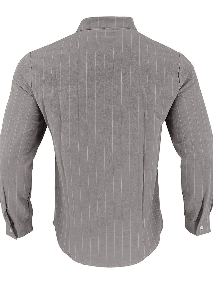 American Spring and Summer Linen Jacquard Striped Loose Casual Stand Collar Long Sleeved Pocket Men's Commuting Trend Shirt - Grey