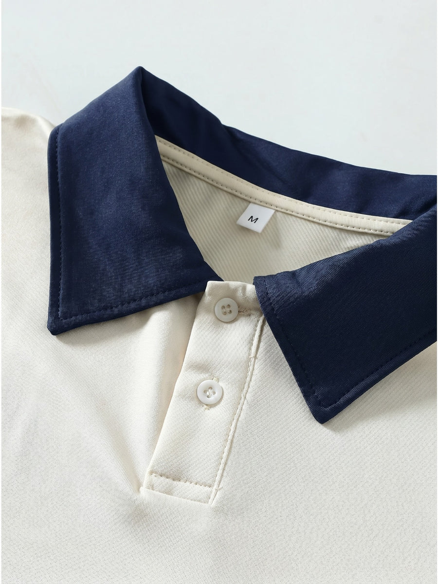 1pc, American Retro Easy Style Versatile Polo Shirt, Preppy Casual Couple Short Sleeve Top, Summer Daily Outing, Campus Wear, Student Couple Choice - Unisex - Navy Color