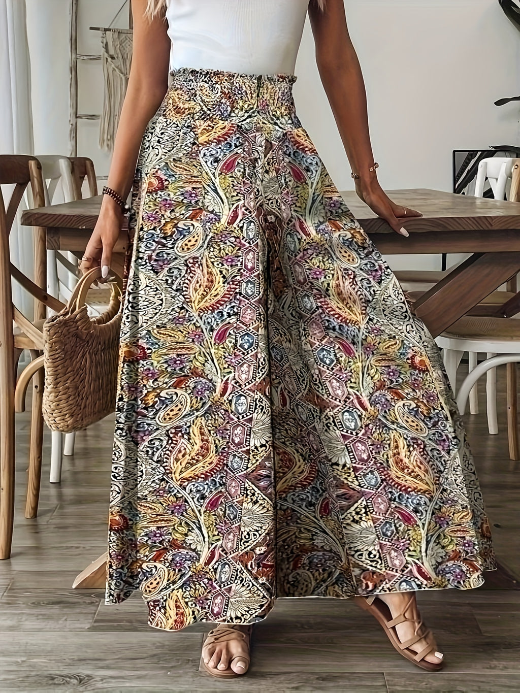 Women's Paisley Print High-Waisted Wide-Leg Pants, Elegant Non-Stretch Fabric + Dense Hem Gathering Craftsmanship, Loose Fit for Spring, Summer, and Autumn, Paisley Print Wide-Leg Pants with Hip-Covering Effect, Ideal for Vacation Photoshoots - Mixed colors