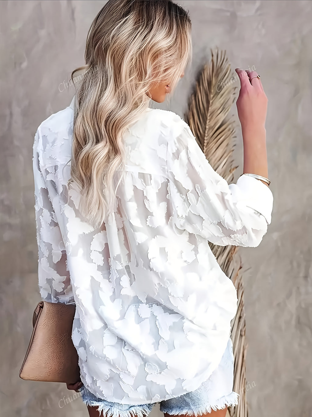 Elegant Women's Blouse, Long-sleeve Jacquard Top, 100% Polyester Solid Color, Button Details, Fabric, Suitable for Spring, Summer, and Autumn - White