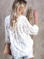 Elegant Women's Blouse, Long-sleeve Jacquard Top, 100% Polyester Solid Color, Button Details, Fabric, Suitable for Spring, Summer, and Autumn - White