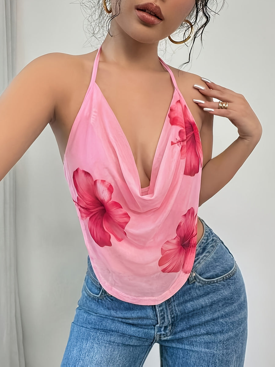 Women'S Summer Vacation Casual Beach Party Camisole, Contrast Mesh Floral Print Halter Neck Cami - Pink