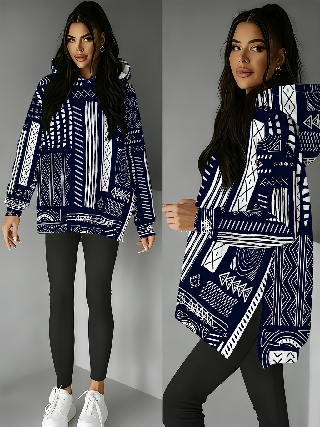 Women's Hooded Sweatshirt with Side Slit Design, Fun Pattern, Comfortable Fit, Suitable for Autumn and Winter, Navy Blue Base with White Tribal Hand-Painted Vintage Style, Relaxed Casual Top - Mixed colors