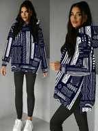 Women's Hooded Sweatshirt with Side Slit Design, Fun Pattern, Comfortable Fit, Suitable for Autumn and Winter, Navy Blue Base with White Tribal Hand-Painted Vintage Style, Relaxed Casual Top - Mixed colors