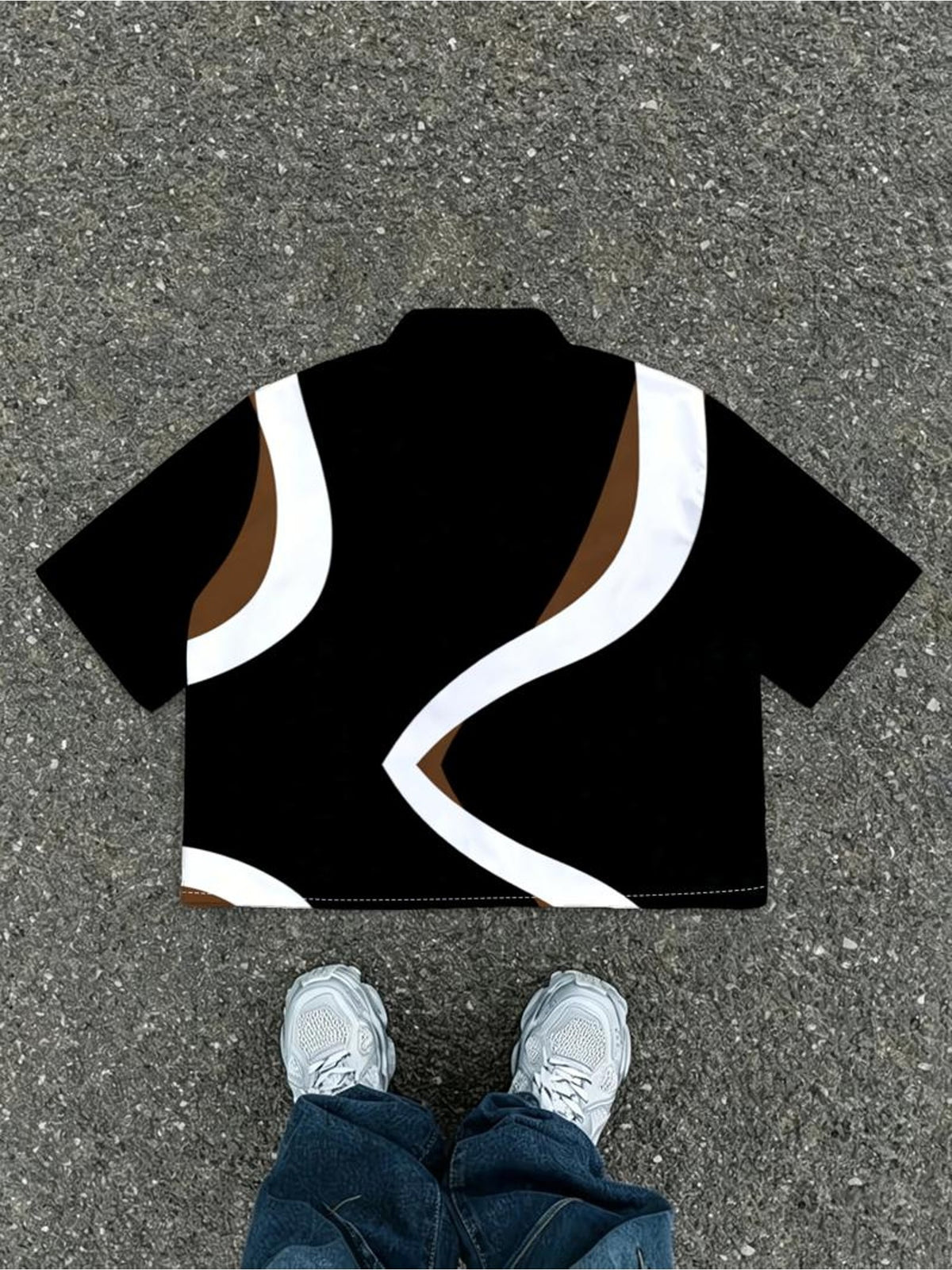 [Printed Design - Not Textured] Men'S Color-Block Streamlined Wavy Line Short Sleeve Shirt, Summer American Easy Street Short Shirt, Suitable for Men'S Daily Wear, Fashionable And Elegant; Modern Minimalist Style - Mixed colors