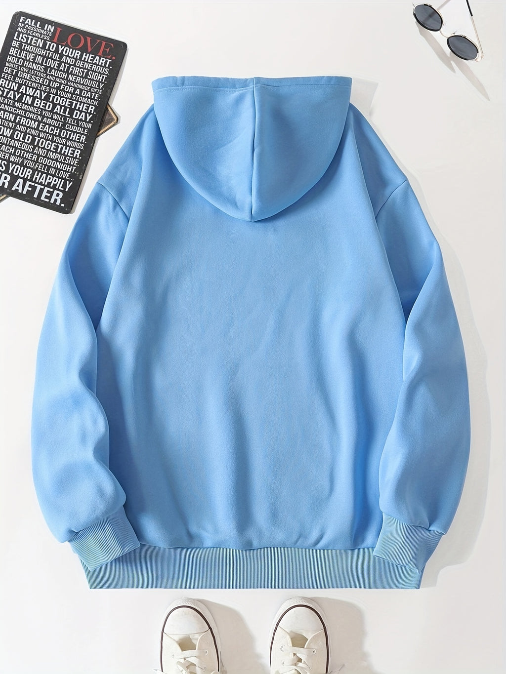 Women's Fashion Four Flower Print Casual Hooded Sweatshirt - Sky Blue