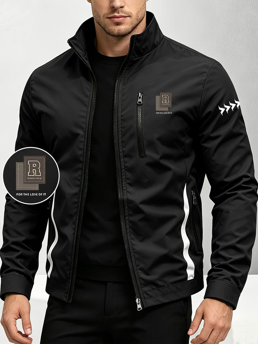 Men'S Spring Autumn Stand-Collar Casual Jacket, Zipper-Style Lightweight Coat, Side Contrast Stand-Collar Sporty Commuter Top - Black