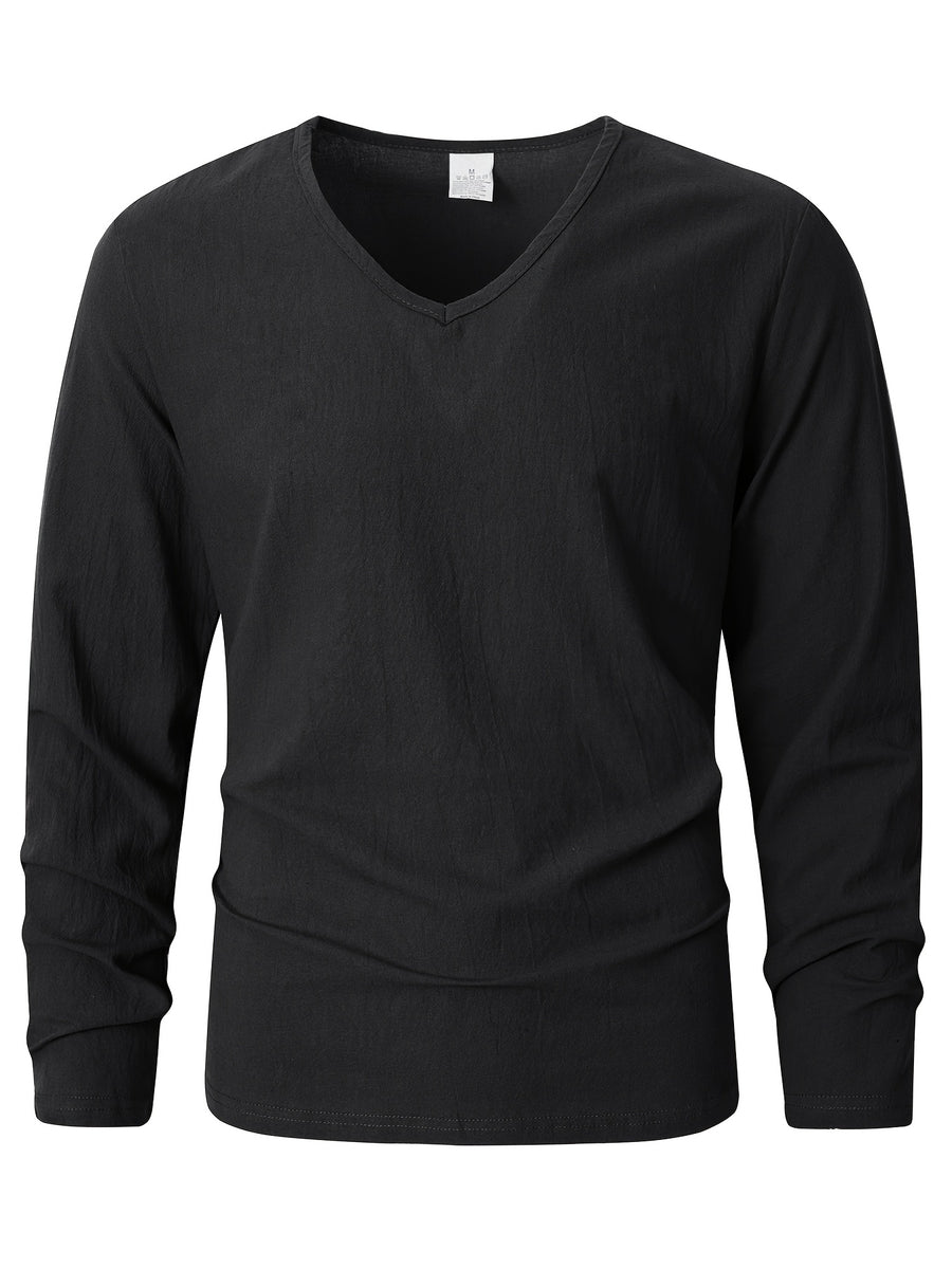 Japanese Texture Pleated Linen Athletic Long Sleeve Men'S Size Large V-Neck Loose Commuter Fitness Outerwear Lightweight Sunscreen Base Layer Summer Non-Stuffy Sunscreen Long Sleeve Loose V-Neck Linen Men'S Casual Athletic T-Shirt - Black