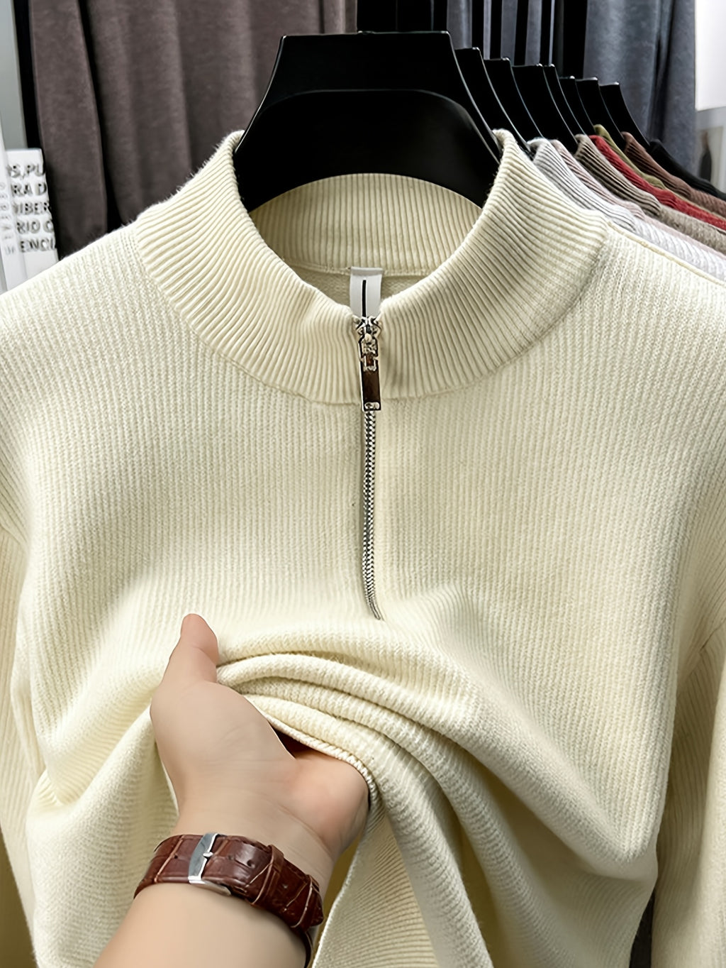 Men'S Half-Zip Stand Collar Knit Sweater, Non-Tight Loose Fit, Suitable for Most Men, Versatile Base Layer - SINBOS - Off-white