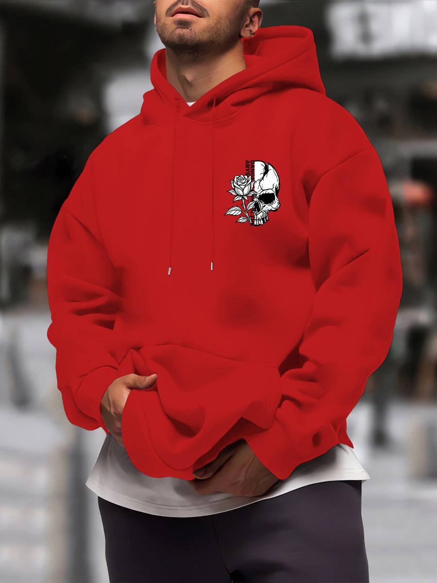 New Trendy Men'S Autumn And Winter Hooded Sweatshirt, Casual Everyday Drawstring Hoodie with Creative Design Print, Kangaroo Pouch Front Pocket, Unisex Tops - Red