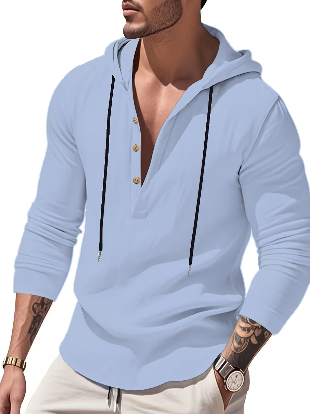 Spring Summer Men'S Linen Color-Block Drawstring Hooded Half-Button Retro Button Long Sleeve Henley Shirt Cuffs Can Be Rolled Loose Thin Breathable Pullover Top Beach Vacation All-Match Men'S Casual Vacation Long Sleeve Top - Blue