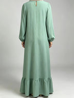 1pc Solid Color Lantern Sleeve Round Neck Ruffled Hem Loose Patchwork Dress - Green