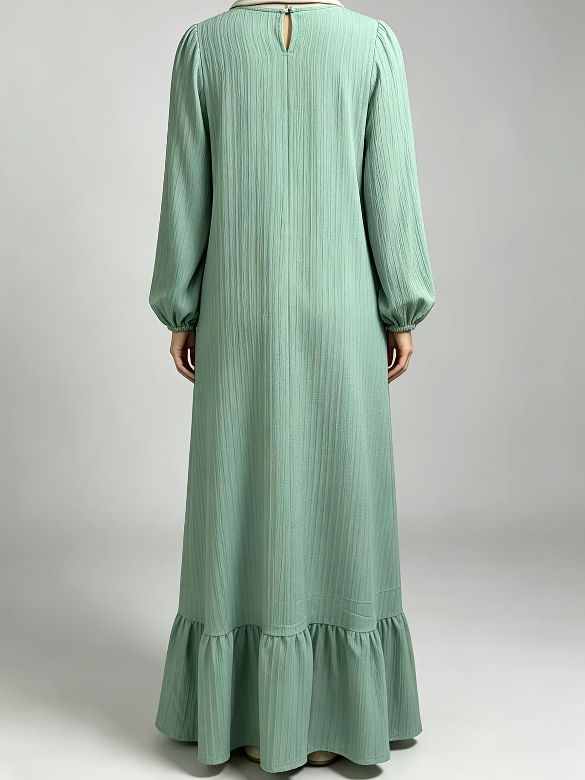 1pc Solid Color Lantern Sleeve Round Neck Ruffled Hem Loose Patchwork Dress - Green