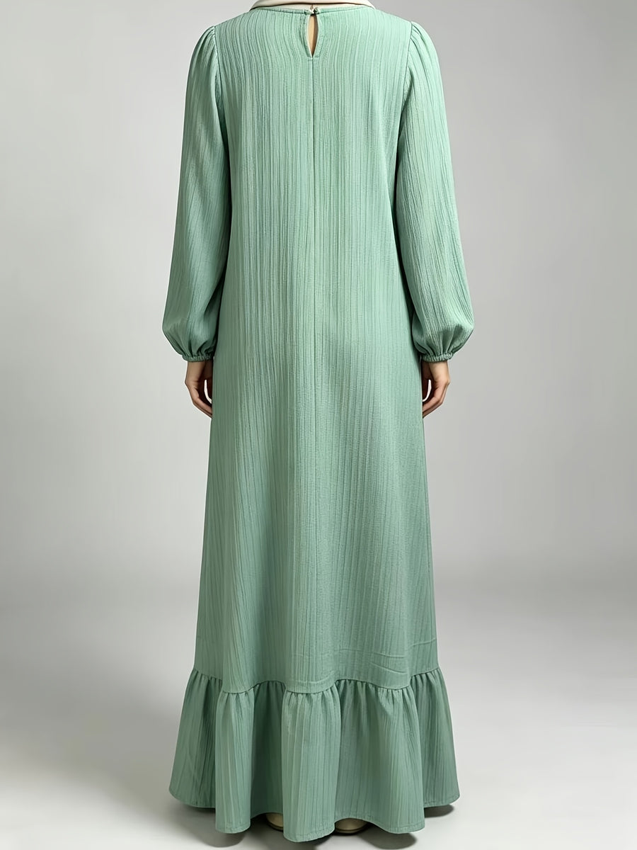 1pc Solid Color Lantern Sleeve Round Neck Ruffled Hem Loose Patchwork Dress - Green