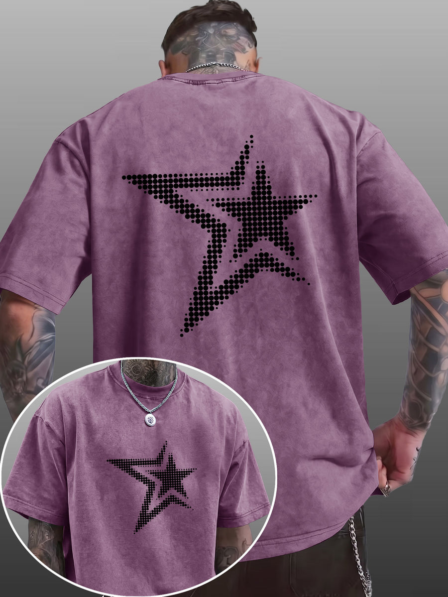 Men's Short-Sleeve T-Shirt, Pure Cotton Loose Fit Washed Distressed Half-Sleeve Top, Dot Matrix Overlapping Double Five-Star Trendy Reverse Double-Sided Print, Multiple Colors for Mix & Match, American Streetwear High Street Hip-Hop Y2K National - Purple