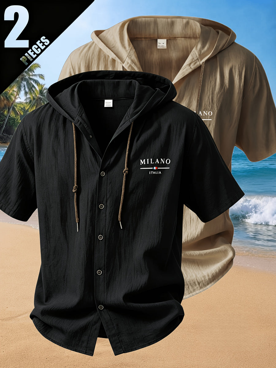 2pcs Men'S Summer Short Sleeve Shirt Set, Breathable And Skin-Friendly Linen Fabric, Trendy Hooded Style, Suitable for Beach Vacations, Beach Outings, And Casual Wear - Mixed Colors 6