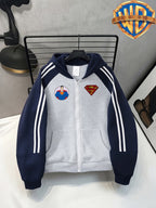 Superman Character And S-Logo Double Pattern Men'S Autumn Color-Block Patchwork Hooded Cardigan Sweatshirt, Breathable Polyester Fiber Skin-Friendly Wear-Resistant, Striped Color-Block Sleeves with Elastic Ribbed Cuffs - Light Twist Gray