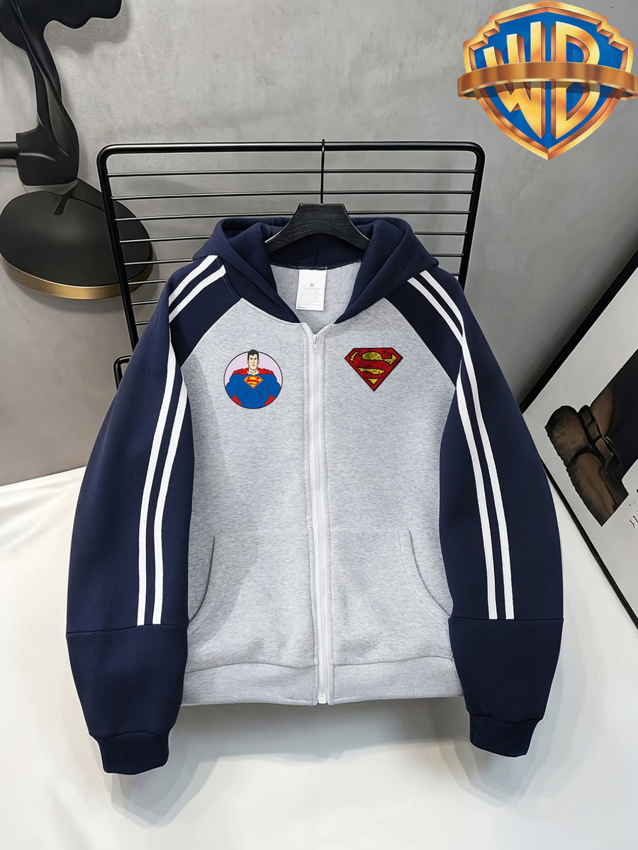 Superman Character And S-Logo Double Pattern Men'S Autumn Color-Block Patchwork Hooded Cardigan Sweatshirt, Breathable Polyester Fiber Skin-Friendly Wear-Resistant, Striped Color-Block Sleeves with Elastic Ribbed Cuffs - Light Twist Gray