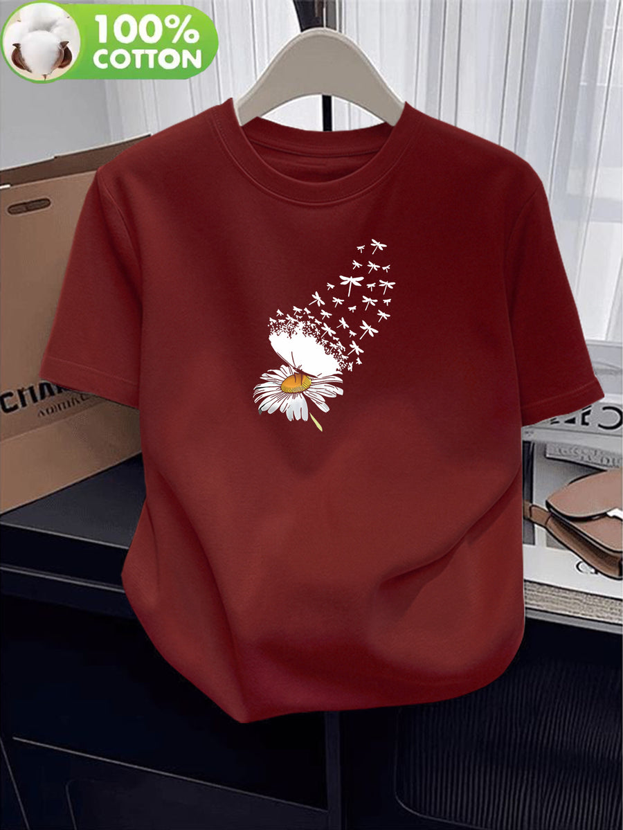 100% Women's T-Shirt, Summer Short Sleeve Lightweight Top, Trendy and Fashionable Standard Fit, Loose, Breathable, Versatile,, Fresh Little Daisy Pattern with Flying Bird Element, Simple and Artistic Design - Burgundy